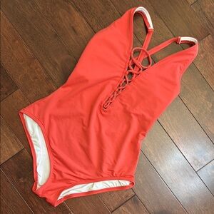 NWOT Michael Kors 1 Piece Blood Orange Red Lace Up Cross Back Swimsuit Size 8